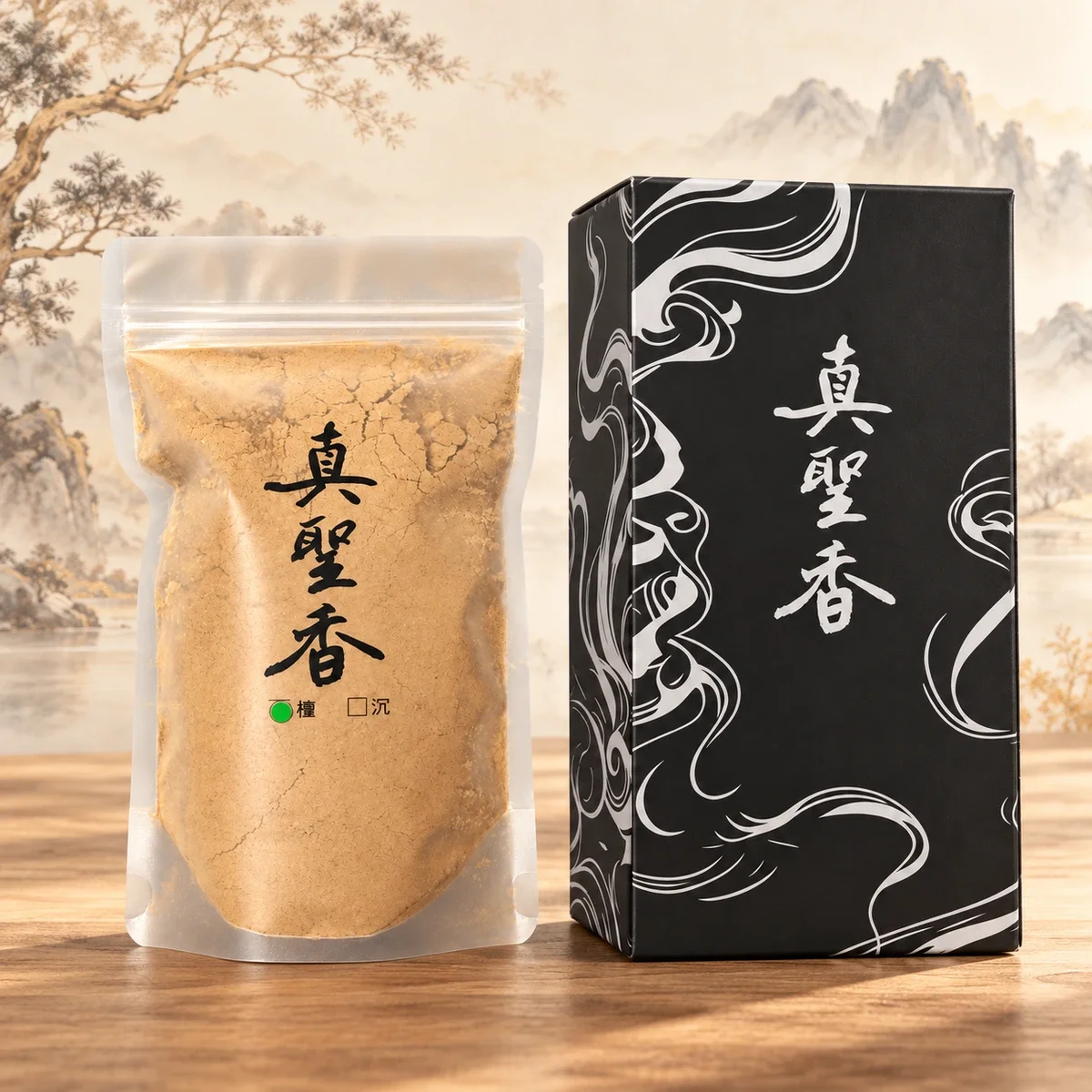 真聖香（檀）香粉一袋與外盒，搭配木質桌面及淡墨山景