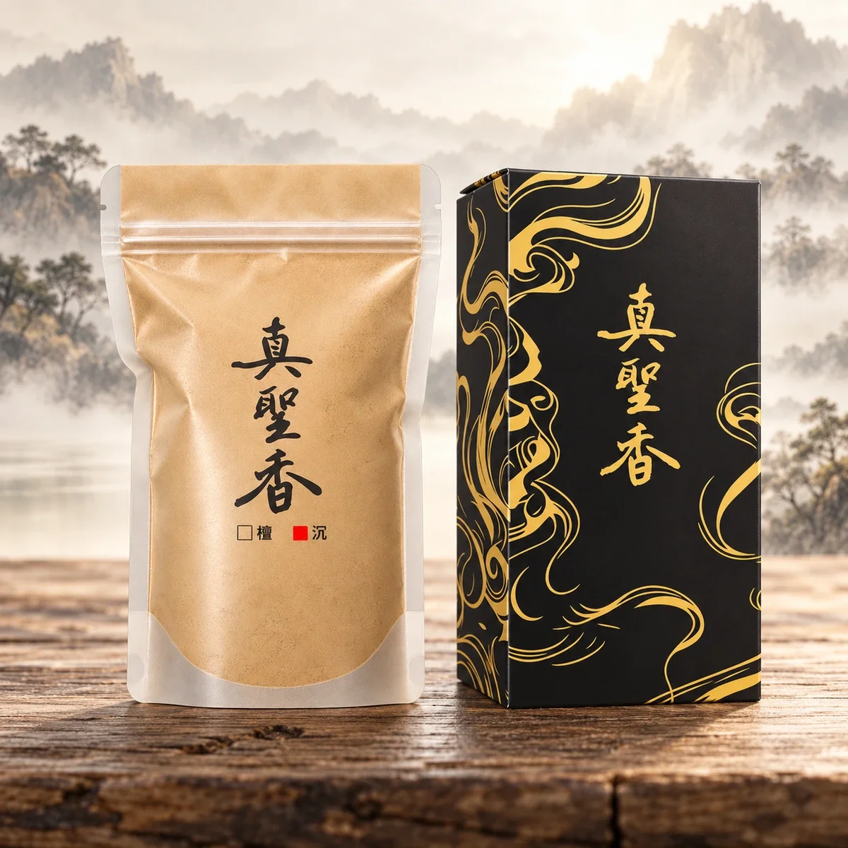 真聖香（沉）香粉一袋與外盒，搭配木質桌面及淡墨山景